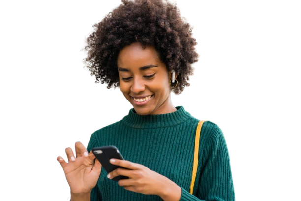 Afro man smiling holding phone